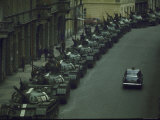 Lone Car Passing Dozens of Russian Tanks During Russian Invasion of Czechoslovakia