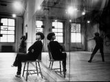 Choreographer Twyla Tharp Observing a Dancer Rehearse Both Reflected in Mirror