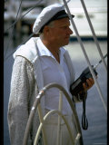 Baron Marcel Bich  sailboat France owner  sporting skipper's cap  during America's Cup trials