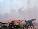 Shirtless American Soldiers of 1st Batt  Erect Canopy over a Sandbagged Position in Vietnam War