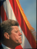 Pres Kennedy in Front of American Flag  Attending Dedication of Trinity River Whiskeytown Dam