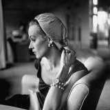 Model Wearing Dusting Cap of Calico on Felt Base Wraps Head Like Housewife's scarf
