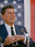 California Gubernatorial Candidate Ronald Reagan Speaking in Front of American Flag Backdrop