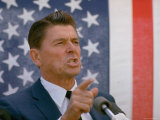 California Gubernatorial Candidate Ronald Reagan Speaking in Front of American Flag Backdrop
