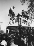 Kids Hanging on Crossbars of Railroad Crossing Signal to See and Hear Richard M Nixon Speak