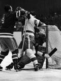 Ranger Goalie Jack McCarran and Detroit Red Wings Gordie Howie During Game
