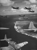 Squadron of US Douglas SBD3 Dive Bombers in Flight  Patrolling Coral Reefs Off Midway Island