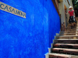 Young Women Decending Stairs Outside Blue Painted Casa Mona in Zona Centro  Puerto Vallarta  Mexico