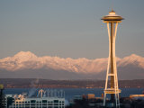 View of the Olympic Mountains and the Space Needle at dawn  Seattle  Washington  USA