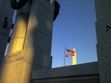 The World War II Memorial  a US Flag and the Washington Monument