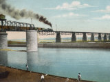 Railway Train Rattles Over the Impressively Long Panhandle Bridge at Louisville Kentucky