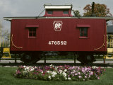 A Bright Red Caboose and a Flower Bed Compete for Vivid Color