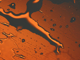 Close-up of Illuminated Orange Water Droplets and a Puddle on a Shiny Surface