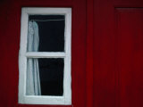 Detail of Red House with Curtained Window  Castelo De Vide  Alto Alentejo  Portugal
