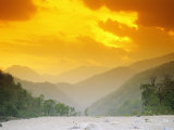Sunset with Mountains and Trees over the Karnali River in Nepal