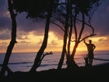 A Silhouetted Surfer and Trees at Sunrise