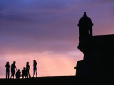 Sentry Tower of City Wall and People at Sunset  San Juan  Puerto Rico