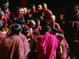 Monks Gathered in Courtyard of Historic Ganden Monastery  Ganden  Tibet