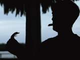 A Cigar-Smoking Cuban Man in Silhouette Holds a Baby Crocodile