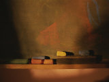 Colored Chalk Lies in a Tray on a Blackboard
