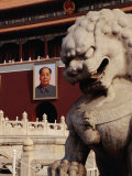 Imperial Lion Statue and Portrait of Mao at Tiananmen Square  Beijing  China