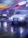 Police Car and Car on Wet Street  NYC