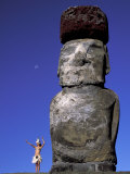 Polynesian Girl with Huge Moai  Ahu Tongariki  Easter Island  Chile
