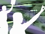White Silhouettes of Two People Hailing a Cab in Blurred City Scene