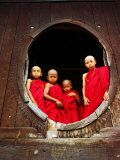 Portrait of Four Young Monks at Round Monastery Window  Inle Lake  Myanmar (Burma)