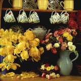 Spring Arrangement on a Dresser Ranunculus  Yellow Tulipa Baskets  China Cups & Teapot
