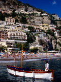 Boat off Beach and Houses Terraced into Hills  Positano  Italy