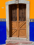 Ornate Wooden Door on Colorful Wall  Guanajuato  Mexico