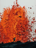 Geologist Approaches a Fountain of Molten Rock  Mauna Ulu  Hawaii