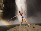 Young Woman Throwing a Javelin  Snoqualmie Falls  Washington State  USA