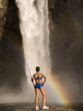 Woman Standing on a Rock and Holding a Javelin  Snoqualmie Falls  Washington State  USA
