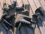 The Sun Hits Muddy Boots as They Dry Out a Deck in Lincoln  Nebraska
