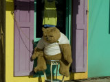 Stuffed Bear Chained to a Door of Colorful Caribbean Building