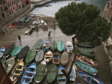 An Elevated View of Boats Stored on a Plaza During a Rain Shower