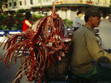 A Man Carries Meat Carcasses in a Basket on the Back of His Bike