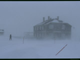 Man Walking in Snowstorm Towards a Building