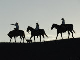 Three Silhouetted Riders on Horseback and a Dog Walk Along a Grassy Ridge in Northern Montana