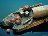 Roman/Iron Age Wooden Gameboard  Bone Dice  and Amber Playing Pieces