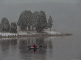 A Kayaker Paddles by Snow-Covered Trees