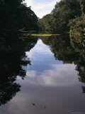 A Calm Waterway with Tree-Covered Banks Reflected in the Water
