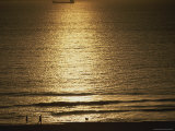 Couple with Dog on Beach with Surf at Twilight