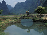 Peasant Crosses Stone Bridge over Creek  Yangdi Valley