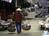Woman with Bamboo Hat Carries Balanced Baskets  Pingxiang Market