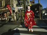 Kimono-Clad Geisha Crosses a Street