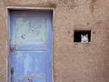 Next to a Blue Door  a Cat Peers Out of the Window of an Adobe House