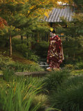Kimono-Clad Geisha in a Park Near a Stream